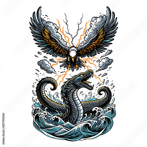 Mighty eagle and fierce sea serpent clash in a dramatic battle amidst stormy waves vector on white background.