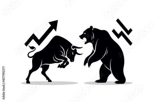 Bull and bear market symbolism: illustrating conflicting forces in the financial world on white background.