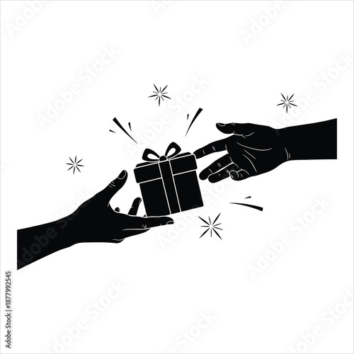Hands exchanging gift box silhouette vector illustration representing celebration, giving, and sharing in black and white