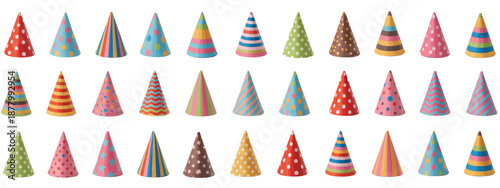 Party celebration cone hat collection, set of party cone caps, colorful vector illustrations for birthday, festive events, celebrations, and fun party design projects.