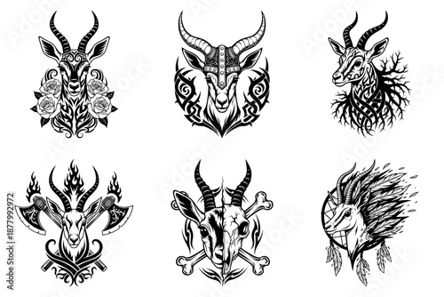 Gazelle Head Tribal Set of Six with Rose, Axe, and Skull Elements