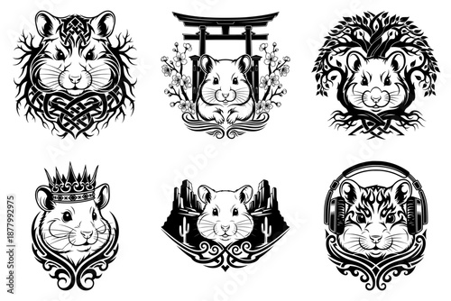 Hamster Tribal Set of Six with Torii Gate, Crown, Headphone and Nature Elements