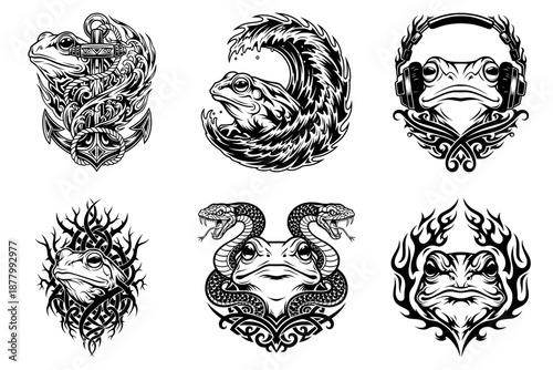 Frog Tribal Set of Six Featuring Anchor Snake Wave and Flame Motifs