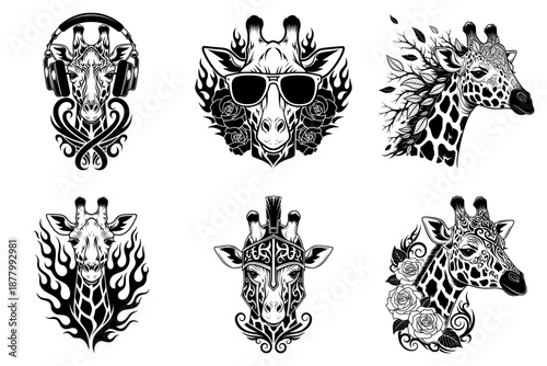 Giraffe Tribal Set of Six with Headphones Sunglasses Helmet and Floral Motifs