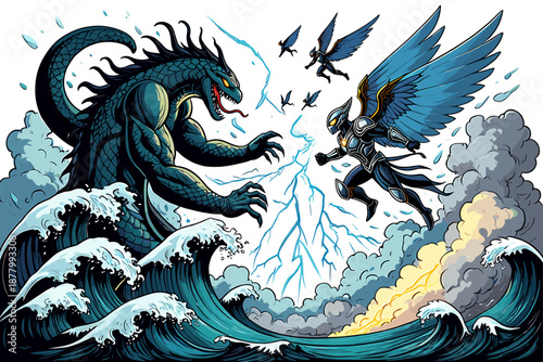 A powerful clash of elemental titans: the water wave warrior battles the storm and lightning entity