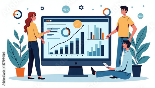 Flat Design an advanced key performance indicator tracking display integrating dynamic visual reports and measurable metrics to optimize corporate performance in  Simple flat cute vector illustration 