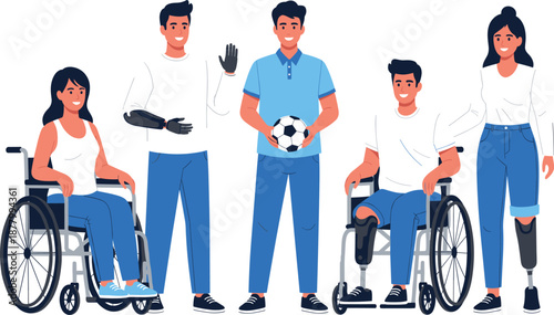 Inclusive People with Disabilities Vector Illustration Set Featuring Men and Women Using Wheelchairs, Prosthetic Limbs, and Adaptive Sports Equipment for Diversity and Accessibility Designs
