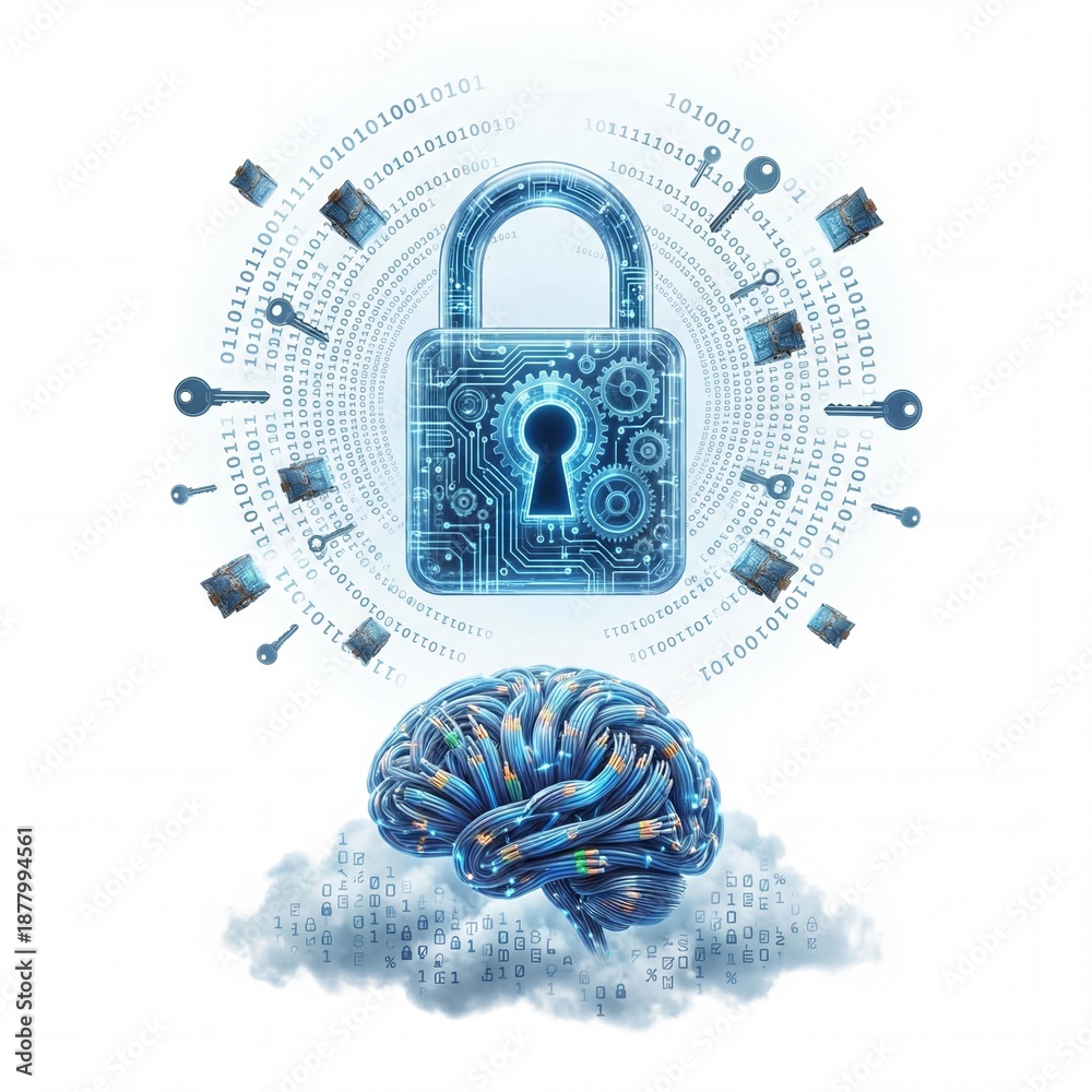 Fototapeta premium Secure Artificial Intelligence System with Brain and Padlock Symbols in Cybersecurity Environment from a Top-Down Viewpoint