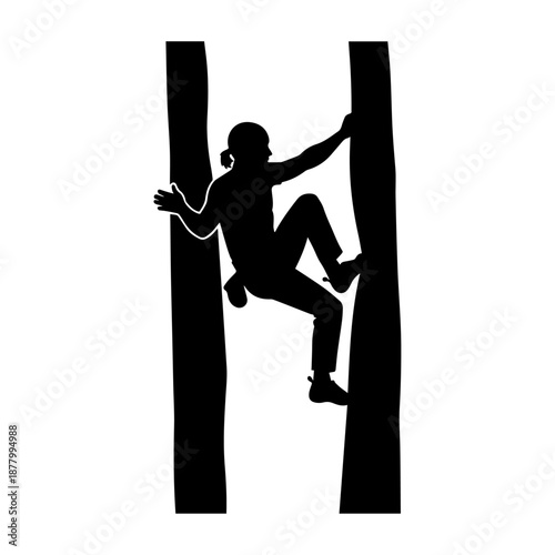 Silhouette of Person Climbing Between Two Vertical Structures.