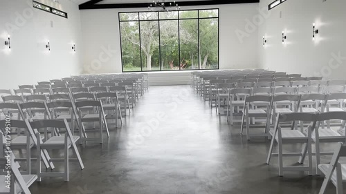 Empty modern event hall with rows of white chairs prepared for ceremony conference or formal gathering