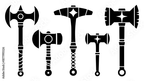 Set of 5 Medieval Battle Axe Icons Vector isolated PNG with Transparent Background