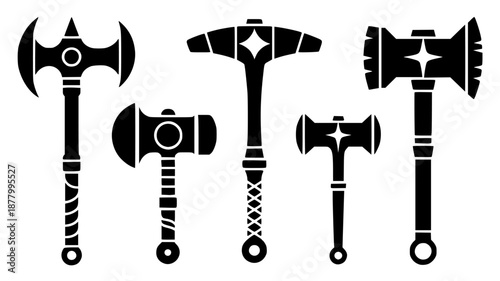 Set of 5 Medieval Battle Axe Icons Vector isolated PNG with Transparent Background