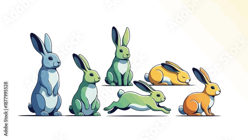 A group of stylized, cartoon rabbits in various pastel colors stand on a white background. This illustration is perfect for Easter, spring themes, or 