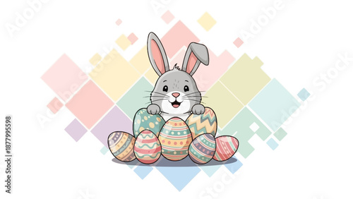 A charming illustration of a bunny peeking from behind decorated Easter eggs, set against a soft, pastel geometric background. Perfect for spring cele