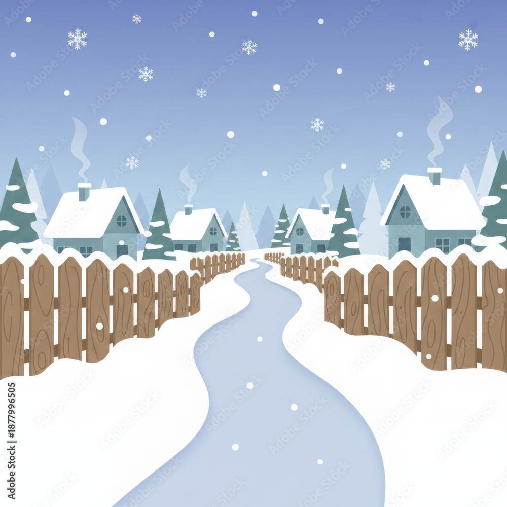 Fototapeta premium Charming winter village scene with cozy snow-covered houses and falling snowflakes