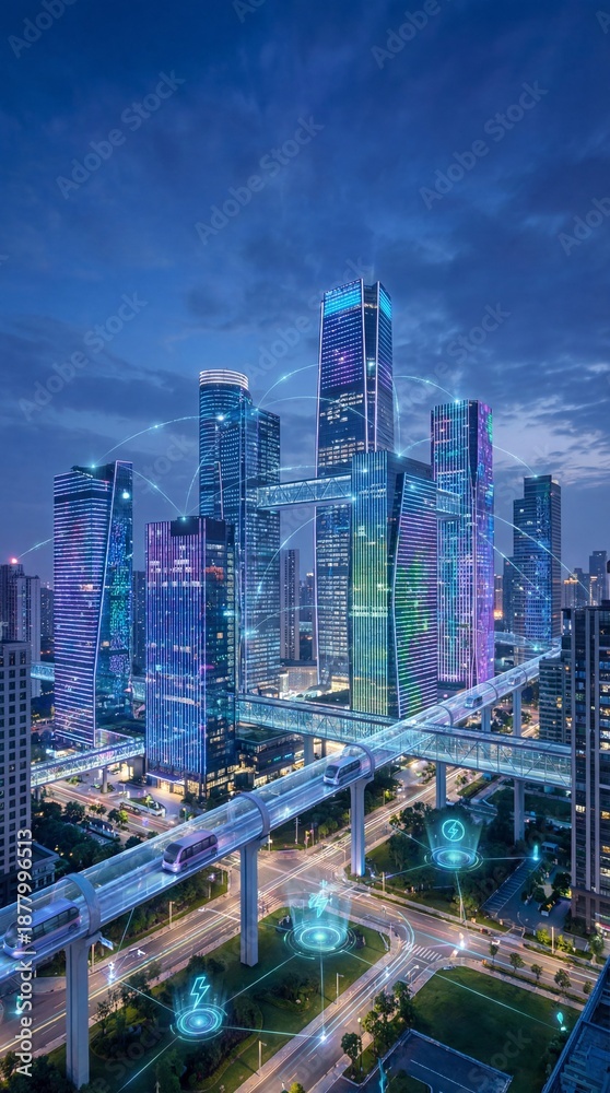 Naklejka premium Futuristic Smart City Skyline with Holographic Neon Bridges and Digital Network Overlay Vertical View
