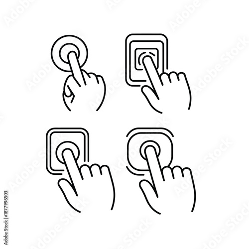 Four black and white of a finger touching a circular button
