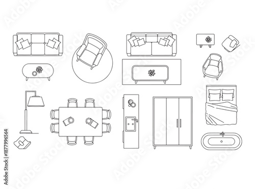 Furniture Outline Top View Vector Icons – Thin Line Floor Plan Symbols for Interior and Architecture