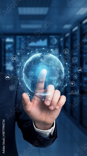 Businessman Touching Holographic Global Network Globe Digital Transformation IoT Cloud Analytics Vertical Concept