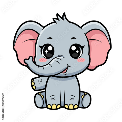 Cute cartoon elephant with big eyes and pink ears sitting happily on ground