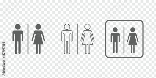 black man woman four icons set vector illustration toilet sign symbol. Three pairs of male and female icons with dividers, representing public restroom signs. Restroom icon design concepts Clipart set