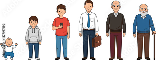 Male Life Stages Vector Illustration Set Featuring Baby, Child, Teenager, Adult, Middle Aged Man, and Elderly Senior Character Progression for Education and Human Lifecycle Designs
