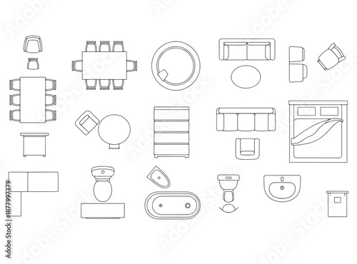 Top View Furniture Floor Plan Outline Icon Set – Modern Minimal Interior