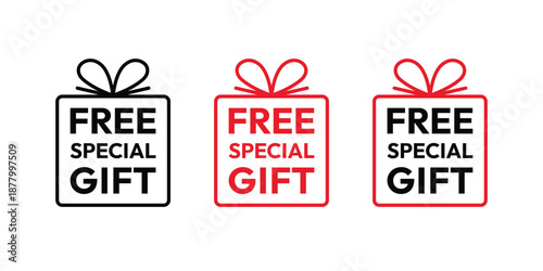 Gift box icons with bow and text free special gift. Gift box used for offers, deals, promotions, and special giveaways