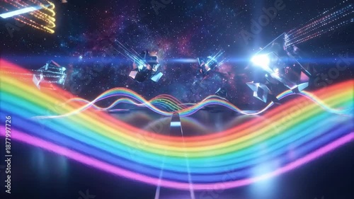 Futuristic Energy Flow A Symphony of Radiant Light Waves and Geometric Forms Traversing a Cosmic Expanse