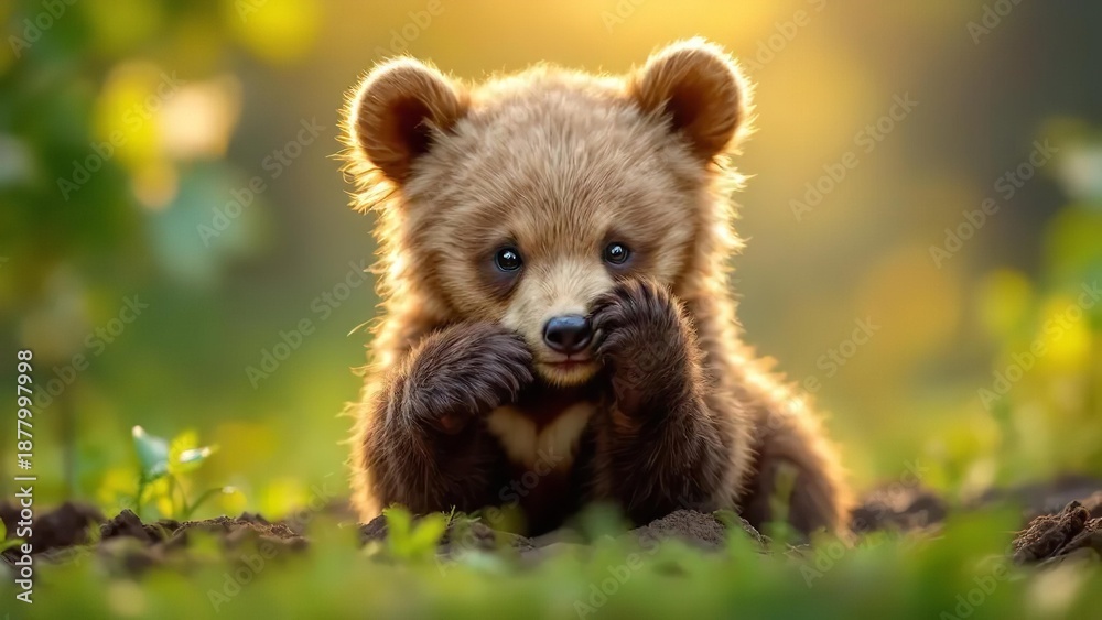 Fototapeta premium Adorable bear cub resting on the forest ground with a warm golden light shining down on its soft fur and gentle face.
