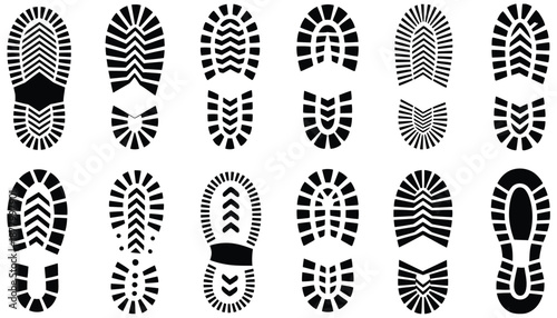 Footprints shoe prints footwear impressions track marks walking, black and white vector illustration art showing human movement paths, step trails, sole patterns, journey concept, navigation graphics