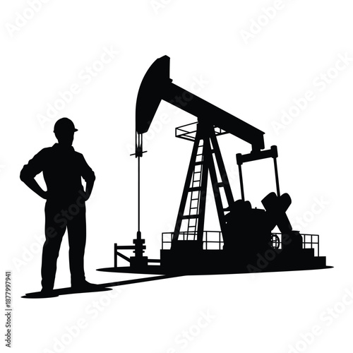 Silhouette of oil worker standing near a pumping jack structure