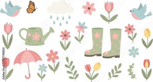 Spring Garden Illustration Set Featuring Flowers, Birds, Umbrella, Rain, Watering Can, Boots, and Cute Seasonal Nature Elements