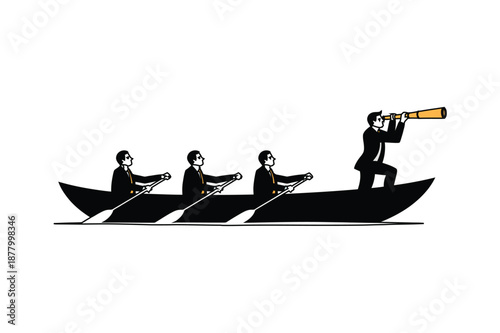 Business Team Working Together Rowing Boat With One Leader Looking Ahead Through Telescope