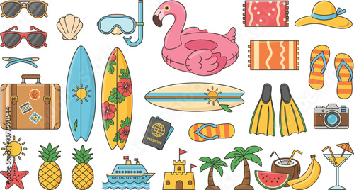 Summer Vacation and Beach Illustration Set Featuring Surfboards, Travel Accessories, Tropical Elements, and Fun Holiday Icons