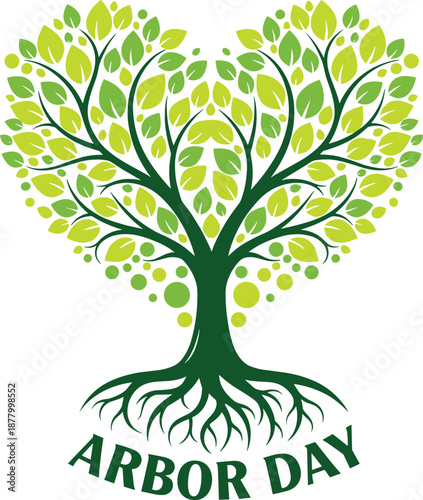 Vibrant Arbor Day vector illustration featuring a flourishing tree with a heart-shaped leaf canopy and detailed root system.