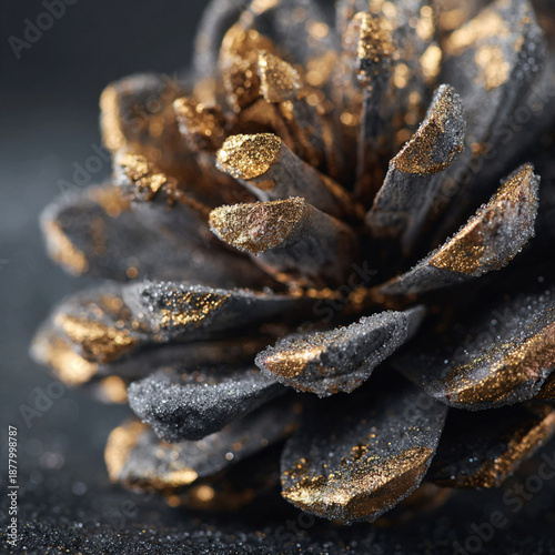 Macro shot of grey pinecone with gold leaf edges