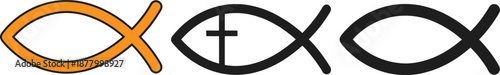 Set of Christian Ichthys fish symbols in black and orange with cross element representing faith, religion, worship, Christianity and belief in minimalist vector icon style