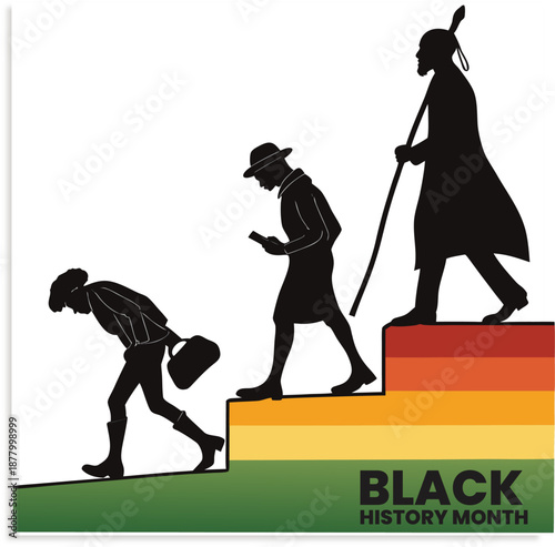 Black history month, stages of african american journey through time with silhouettes walking up stairs, from struggle to empowerment, isolated on white background
