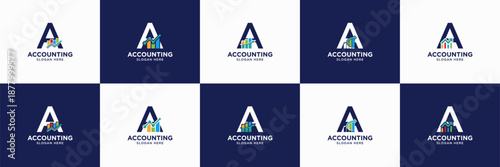 set of accounting logo design. usable for financial, marketing, investment, insurance identity icon. letter A with chart bar symbol.