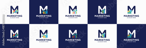 set of wealth management logo. letter M with chart statistic shape. useable for accounting, investment, marketing, wealth management identity icon.