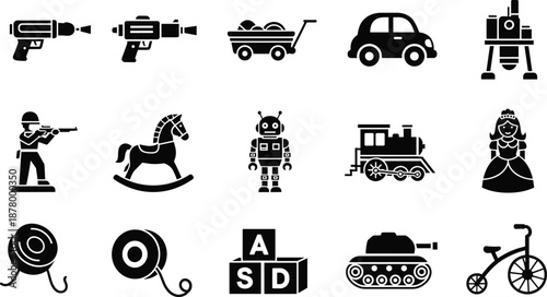 Toy silhouette icon collection, ray gun wagon car rocket soldier rocking horse robot train doll yo‑yo blocks tricycle vector illustration