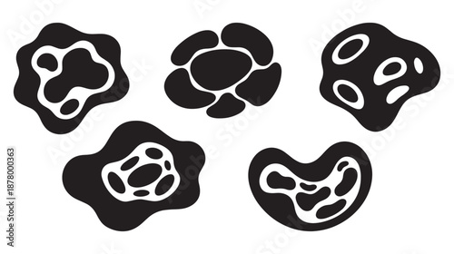 Set of abstract organic blob shapes with fluid contours, inner cutouts and modern minimal black vector design