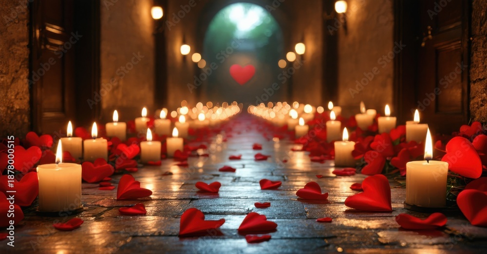 Fototapeta premium Romantic corridor filled with candles, rose petals. Heart shape visible distant light source. Warm, intimate atmosphere.