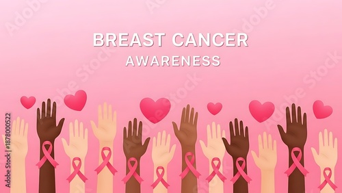 Breast cancer awareness campaign with hands and pink ribbons on pink background