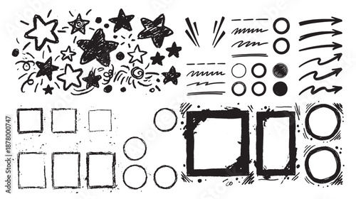 Hand Drawn Doodle Shapes, Stars and Grunge Frames Vector Set