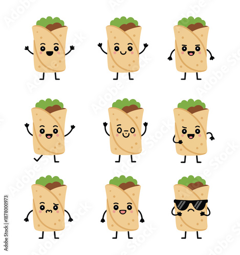  Mascot images of the burrito, featuring smiling and expressive burrito characters, vector illustrations