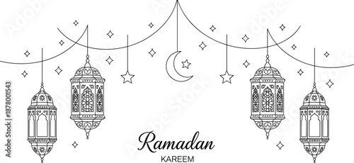 Vector Banner for Ramadan Kareem Featuring a Garland of Four Intricate Line Art Lanterns with Hanging Stars and a Central Crescent Moon for Islamic Holiday Celebration