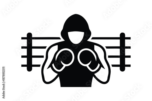 Hooded Boxer in Boxing Ring Icon - Fighter, Boxing, Combat Sport, Strength Symbol