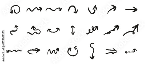 Hand drawn crayon black brush stroke arrows. Pencil doodle arrows. Vector EPS 10